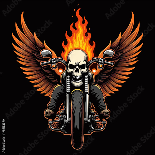 Vector biker t-shirt design with fire human skull,
wings on black background.
Fashionable print for fabric, paper, men clothing,
hoodie, biker jacket. T shirt template motorcycle.