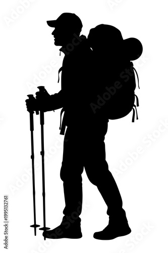 Silhouette vector illustration of a backpacker walking with trekking poles.