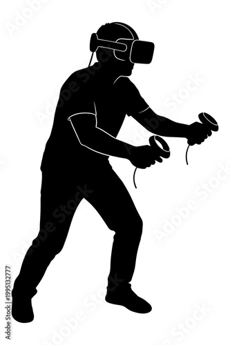 Immersive virtual reality illustration featuring a person playing with controllers