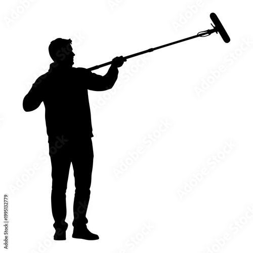 Film crew boom operator with microphone silhouette vector illustration
