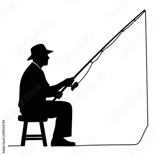 Black silhouette illustration of a man fishing with a rod.