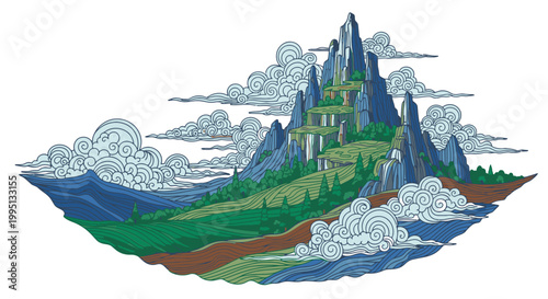 Fantasy castle on mountain peak landscape.