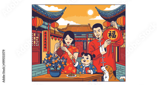 Family in traditional Chinese clothing.