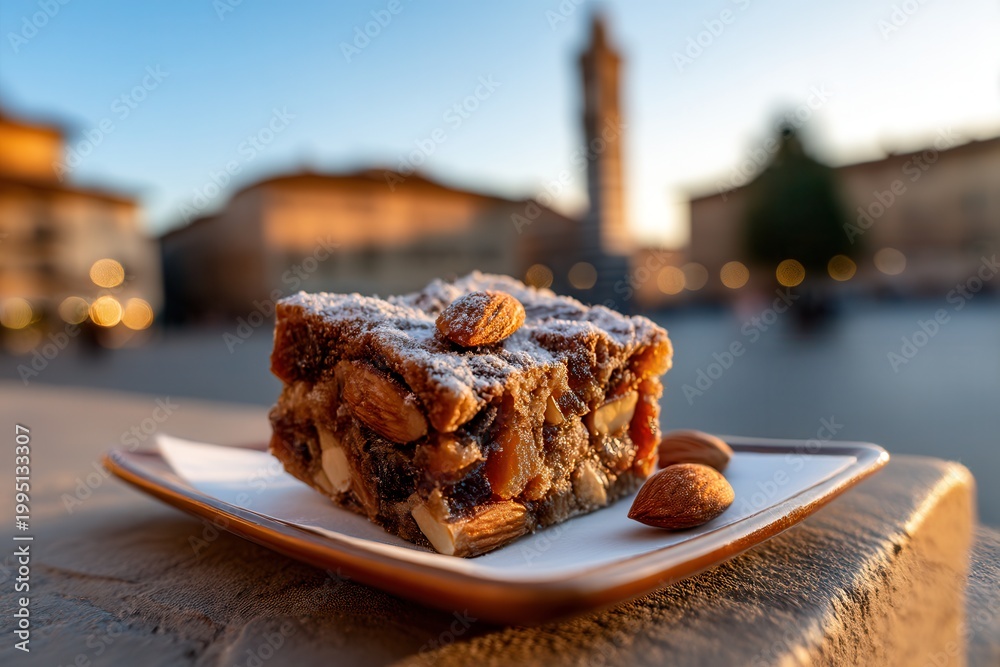 Fototapeta premium Savoring panforte with Tuscan sunset in the background