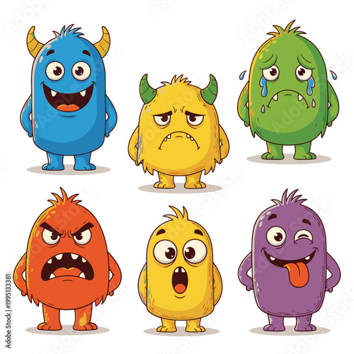Colorful cartoon monsters with expressions.