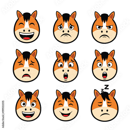 Horse faces with different emotions expressions.