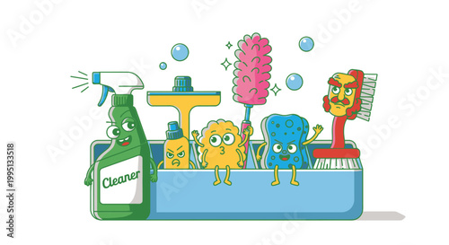 Cartoon bathroom cleaning supplies in sink.