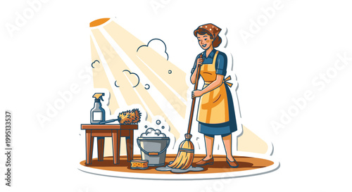Woman wearing yellow apron cleaning floor.