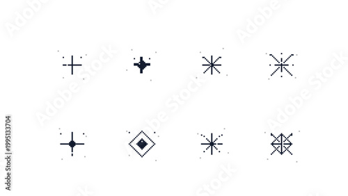 Obraz na płótnie Pixel sparkle symbols vector set with eight micro cross and star icons in noisy retro style, ideal for cyber interfaces, UI overlays, digital dashboards, and futuristic design systems