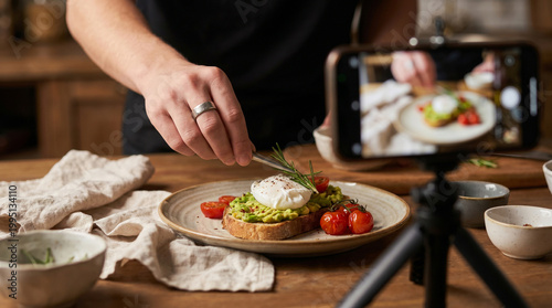 Food blogger recording video of avocado toast preparation