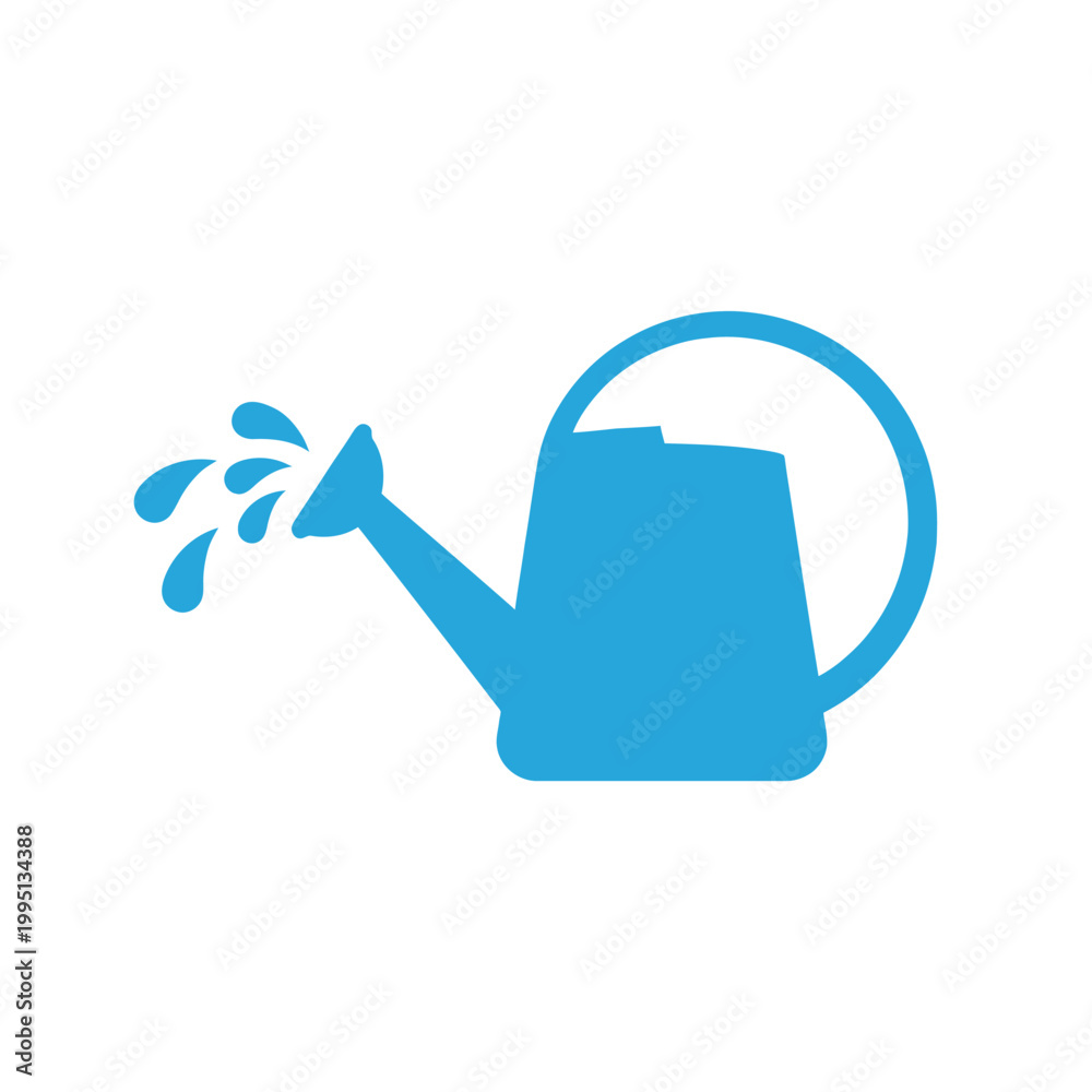 Obraz premium Blue watering can pouring water drops, isolated on white background, gardening icon