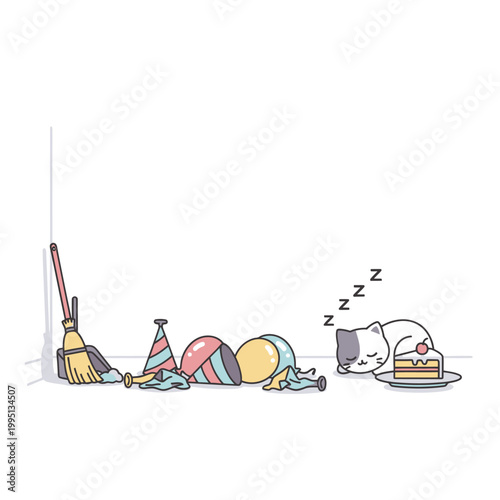 Tired Cat Napping After Party Mess with Balloons, Party Hats, Broom