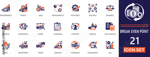 Vector icons for break even point analysis, financial balance, profit loss charts, and business sustainability. Ideal for ROI presentations.