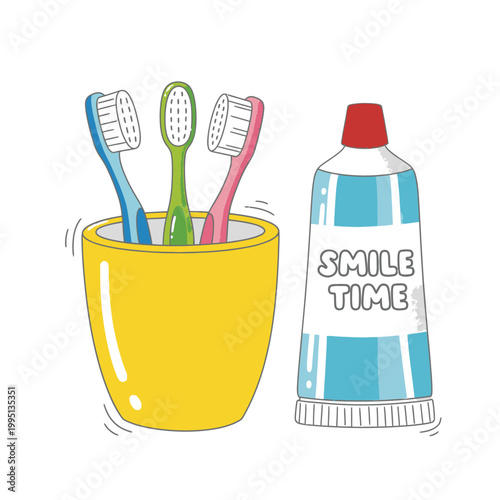 Toothbrushes in a yellow cup.