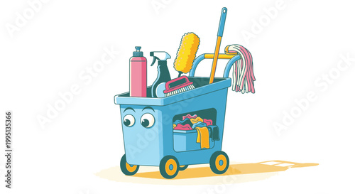 Cart with cleaning supplies and tools.
