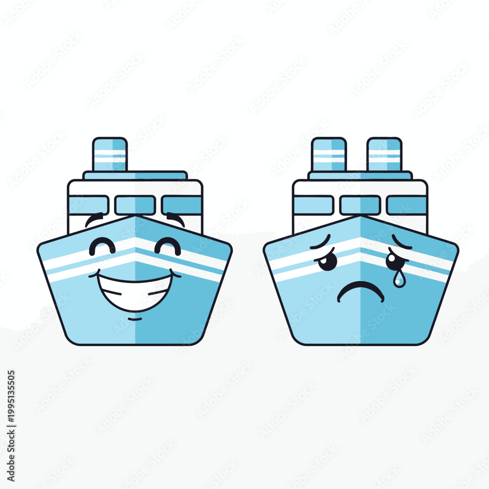 Fototapeta premium Two Blue Cartoon Boat Faces Emotions.