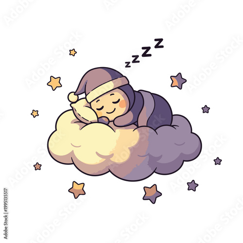Cute cartoon baby sleeping on cloud.