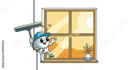 Cartoon character cleaning window pane.