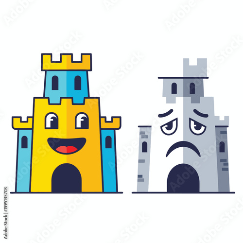 Two cartoon castle tower characters smiling frowning.