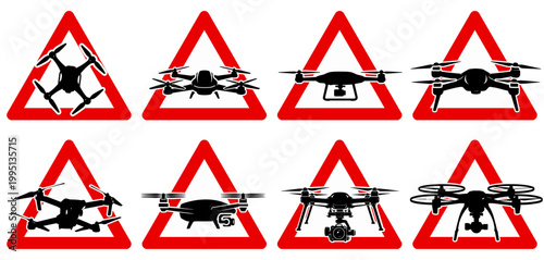 achtung-eu-drohnenSet mit europäischen Warnschildern Achtung Drohnenflüge und Drohnenaktivität in rot-weißer Dreiecksform