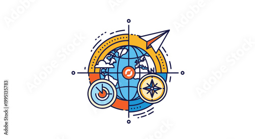 Globe with navigation compass symbols.