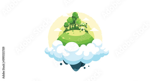 Floating Island with Green Trees Above Clouds.