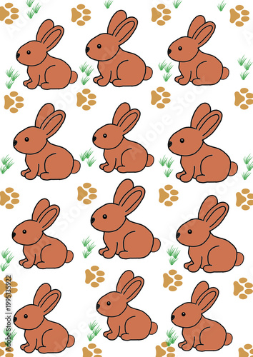 Hand drawn bunny with green grass and animal footprintsseamless pattern with rabbits