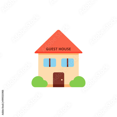 Cozy Guest House Facade with Red Roof and Green Bushes, Simple Flat Design