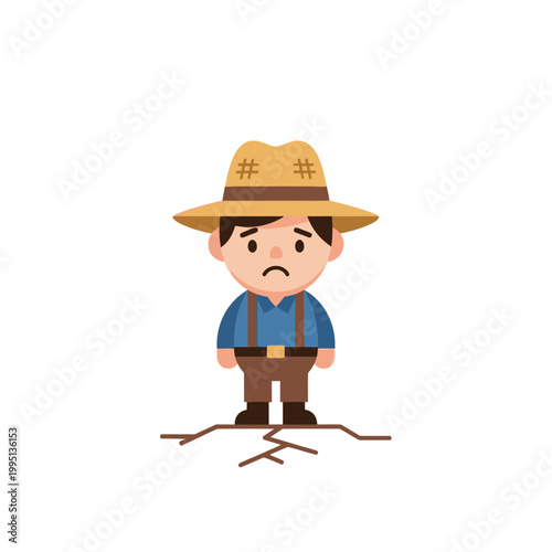 Sad Farmer in Dry Cracked Earth, Drought Illustration