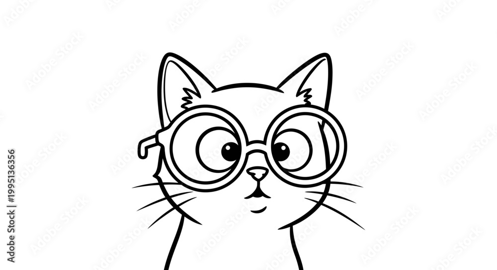 Fototapeta premium Curious Cartoon Cat Wearing Large Round Glasses Looking Thoughtfully on an Isolated White Background