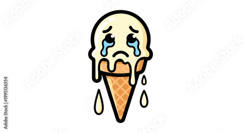 Sad Melting Ice Cream Cone Character Crying with Tears on an Isolated White Background