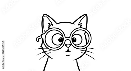 Curious Cartoon Cat Wearing Large Round Glasses Looking Thoughtfully on an Isolated White Background