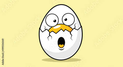 Surprised Cartoon Face Peeking from a Cracked Eggshell on a Plain Yellow Background