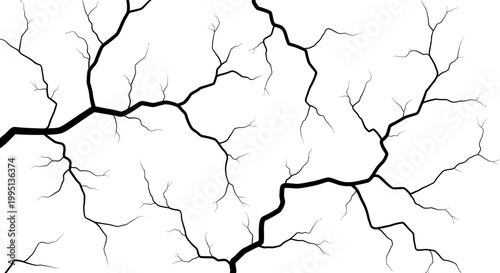 Single Large Black Crack Spreading Across a Surface on an Isolated White Background
