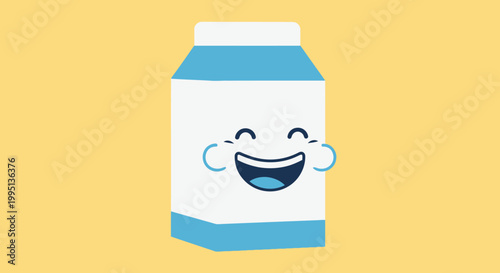 Happy and Cute Cartoon Milk Carton Character Smiling on a Plain Yellow Background