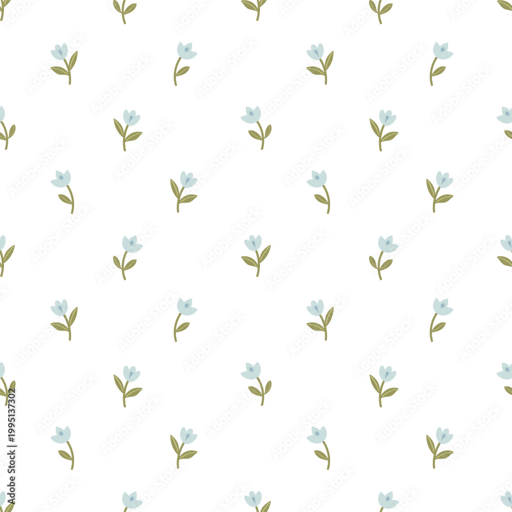 Fototapeta premium Minimal seamless pattern with small blue flowers on white