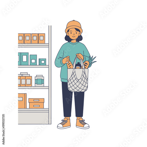 Woman with reusable bag shopping for groceries at the supermarket, flat illustration style.