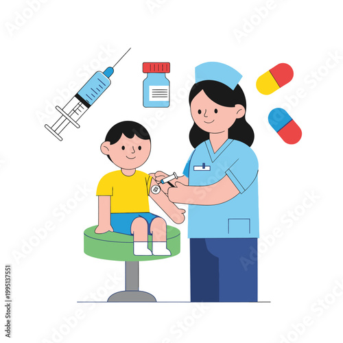 Nurse administers vaccine to child, healthcare concept illustration, flat design