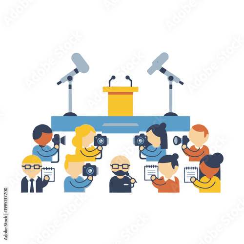 Press conference with microphones and reporters taking photos and notes