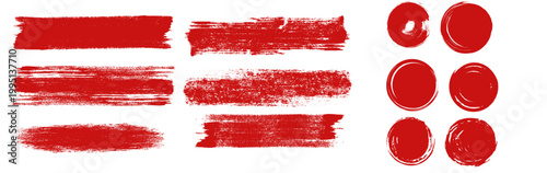 Straight red ink vector lines pack. Bloody color long and round hand-drawn brushstroke text highlights  frames  circles. Asian calligraphy brushstroke set.