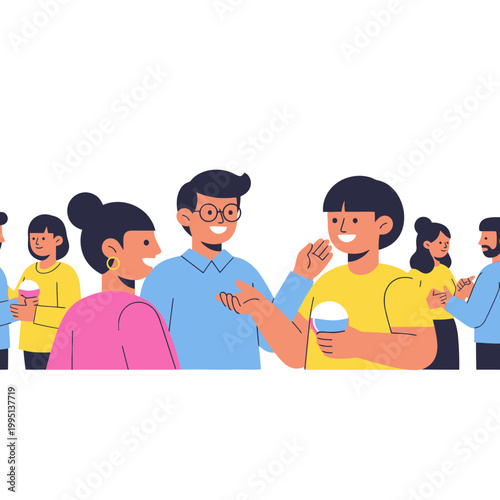 Diverse group of people talking and holding cups, flat design illustration