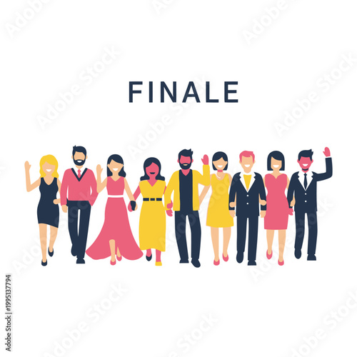 Diverse Group of People Celebrating Finale, Waving Hands, Wearing Smart Casual Outfits