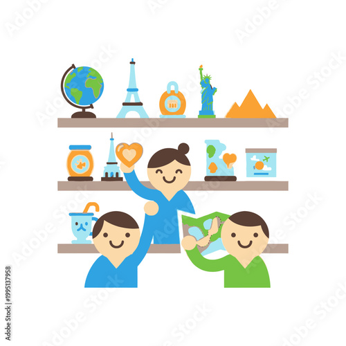 Happy people planning travel with map and globe, surrounded by souvenirs