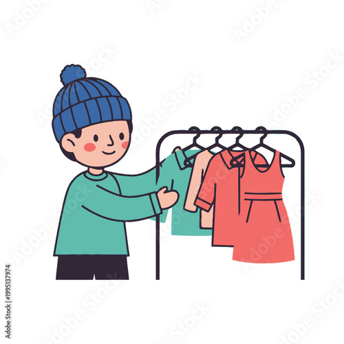 Young person choosing winter clothes from a rack, illustration