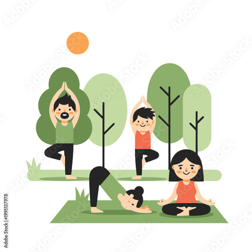 Diverse people practicing yoga outdoors in a park, promoting wellness and healthy lifestyle.