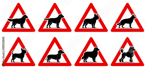 Set mit europäischen Warnschildern Achtung Hund(e) und verschiedene Hunderassen in rot-weißer Dreiecksform