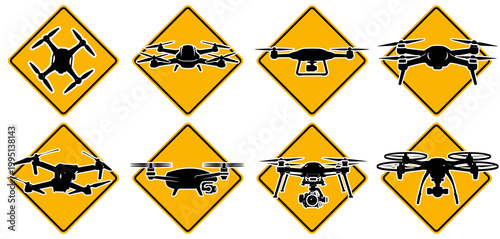 achtung-drohnenSet mit amerikanischen Warnschildern für Drohnenflüge und Drohnenaktivität in gelber Rautenform