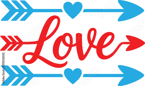 Red love word text with blue arrows and heart symbols for romantic design Vector
