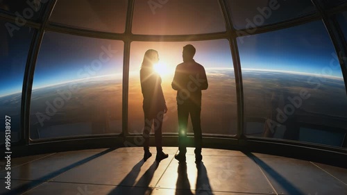 Silhouette of a man and woman standing together in a futuristic observation deck looking at a sunset over the Earth horizon