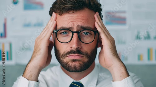 Man in glasses holding his head with charts and graphs in background